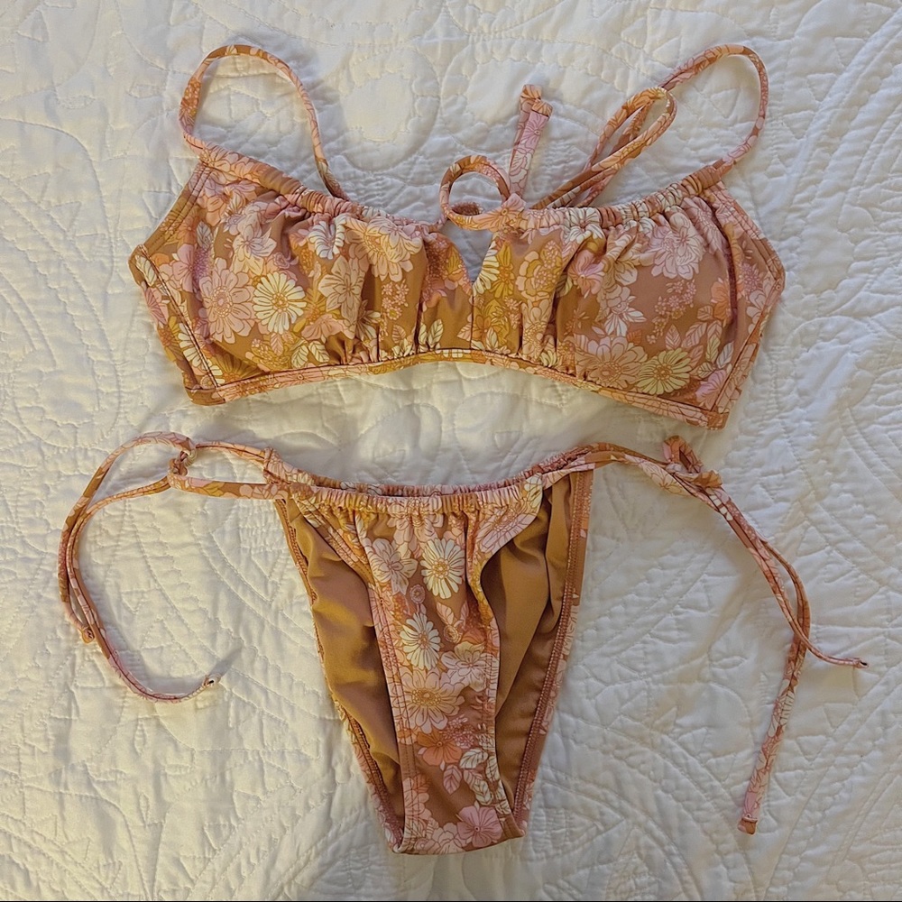 Brown & soft pink floral tie adjustable string bikini BOTTOMS